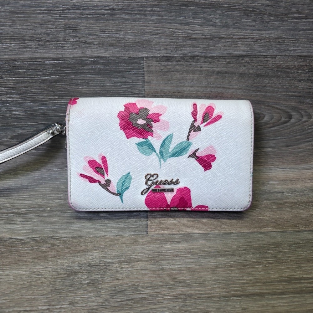 Guess Wallet Wristlet White Pink Faux Leather Floral Pastel Bifold Organizer